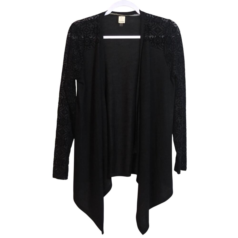 a.moon Black Knit Open Front Waterfall Cardigan Velvet Burnout Sleeves Sz M